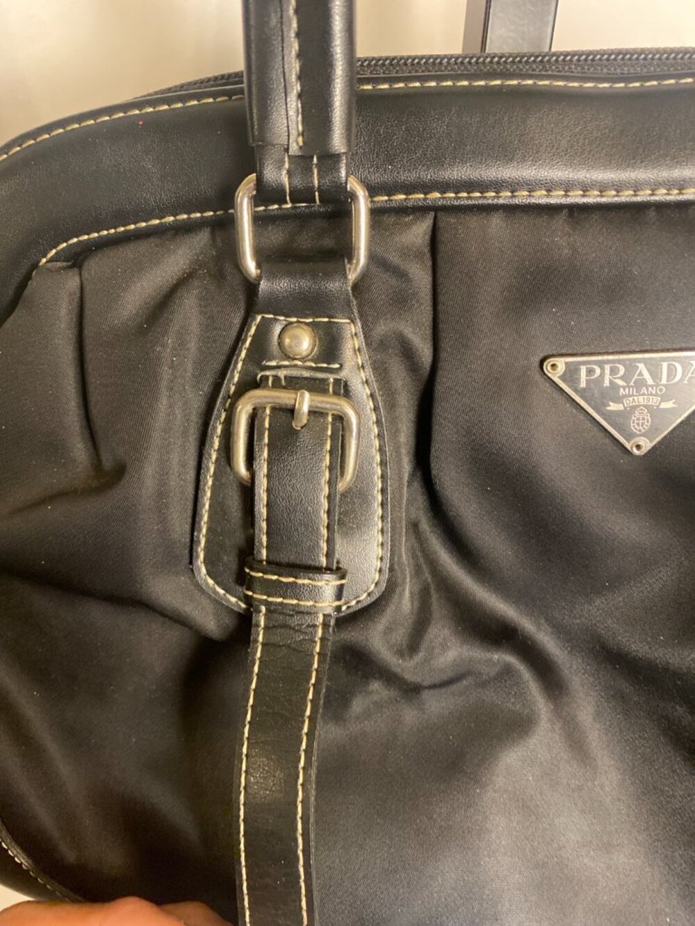 Prada Black Nylon Shoulder Bag Leather Trim Silver Logo Zip Top Handbag - Picture 9 of 9